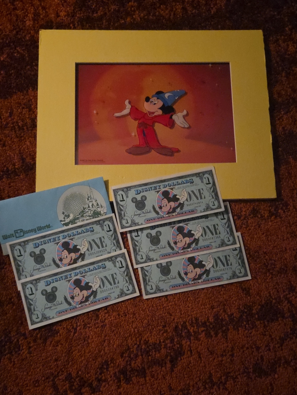 Disney Sorcerer Mickey Wall Art with Yellow Mat and Blue Toy Money
